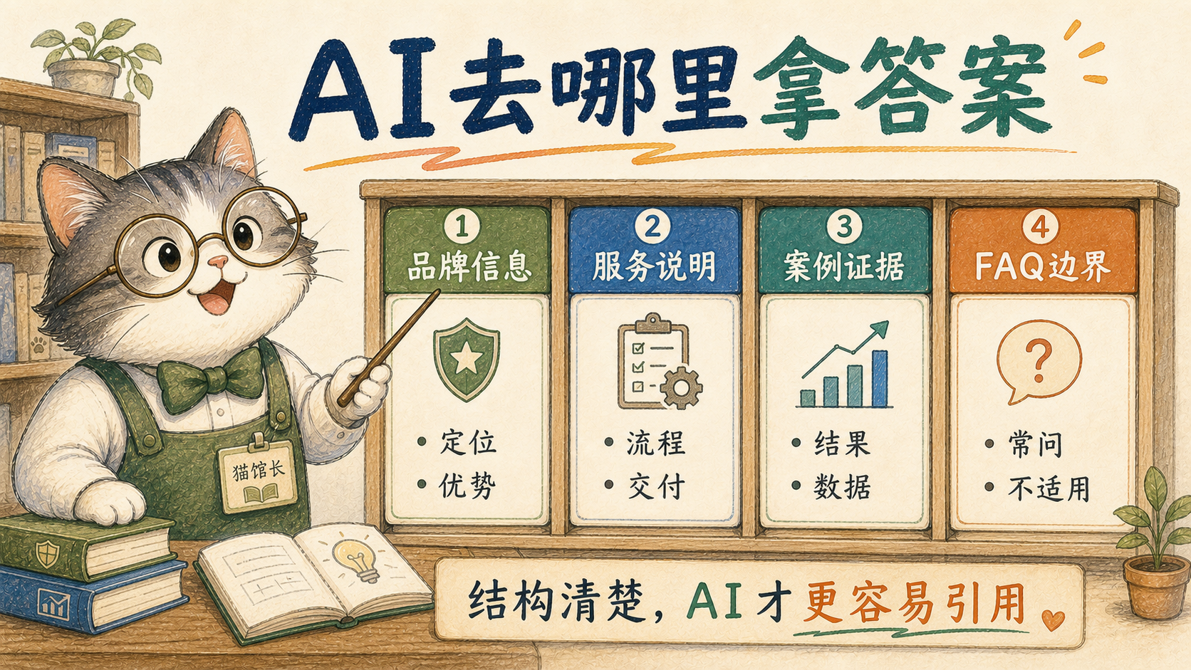 手绘知识图解,展示AI会从品牌信息、服务说明、案例证据和FAQ边界四类内容里拿答案