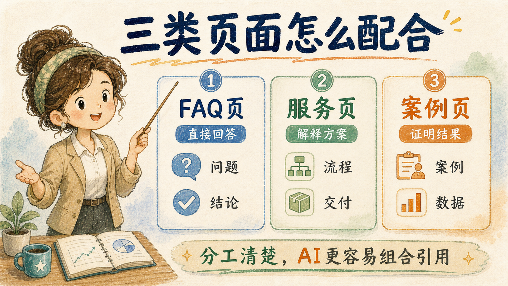 手绘知识图解,展示FAQ页、服务页、案例页三类页面的不同分工