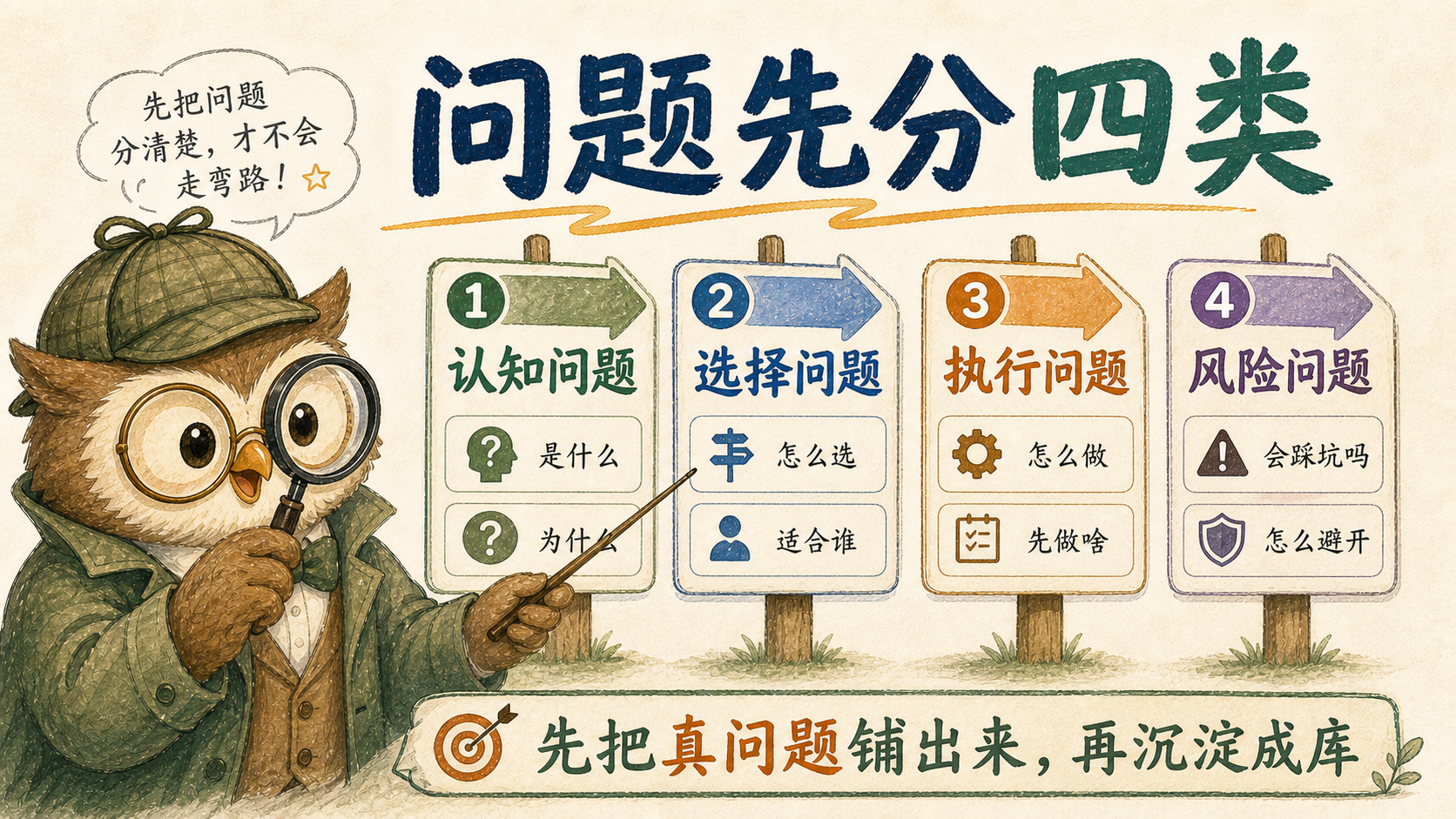 手绘知识图解，展示认知问题、选择问题、执行问题、风险问题四类问题结构