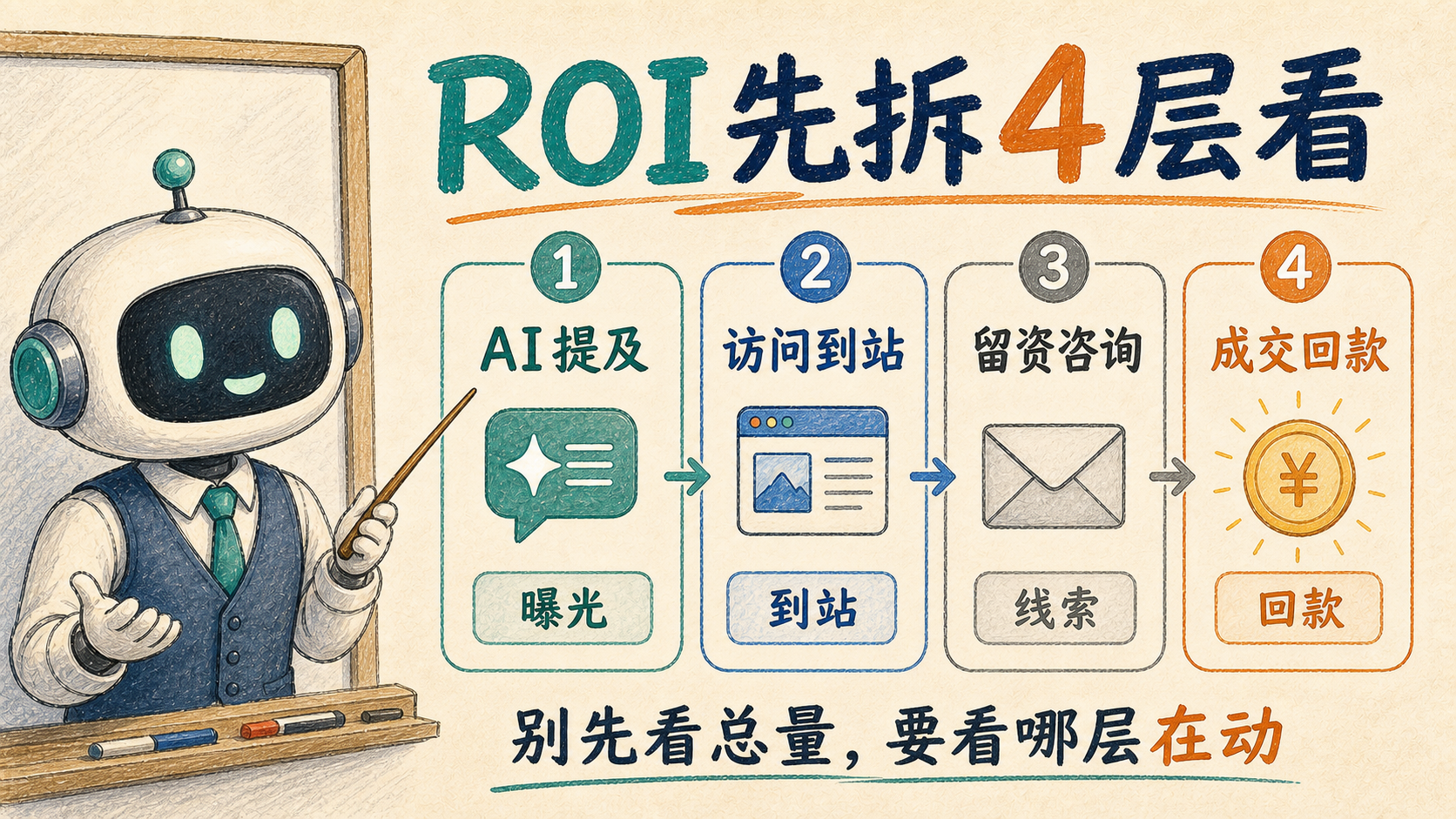 手绘知识图解,展示GEO ROI需要拆开的四层:AI提及、访问到站、留资咨询、成交回款