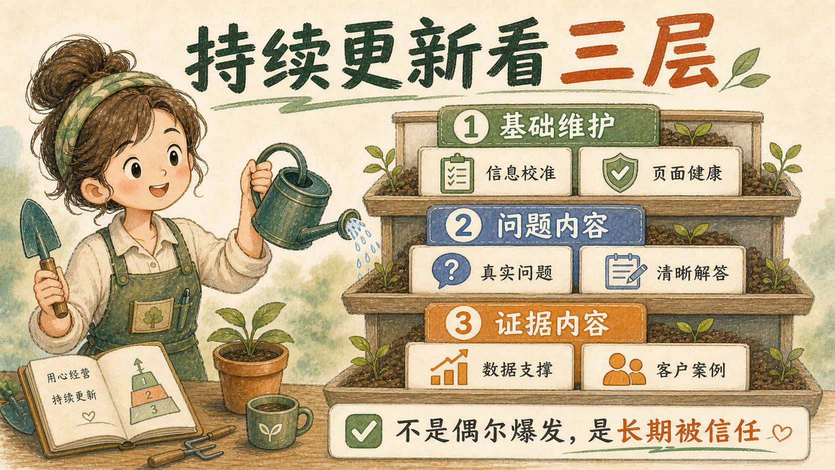 手绘知识图解，展示内容持续更新需要维护的三层：基础维护、问题内容、证据内容