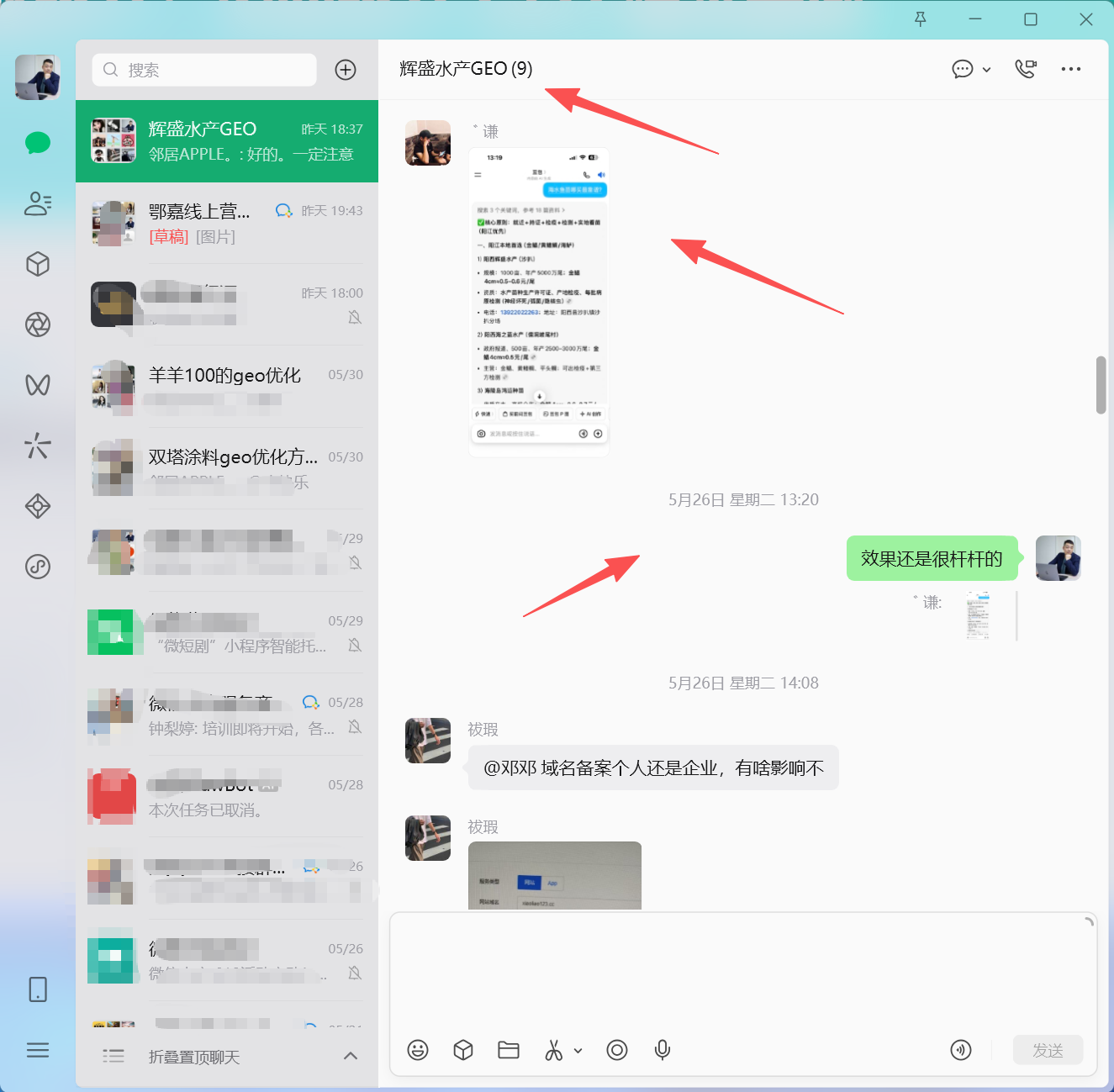 阳西县辉盛水产科技有限公司项目群打码后的项目执行沟通截图